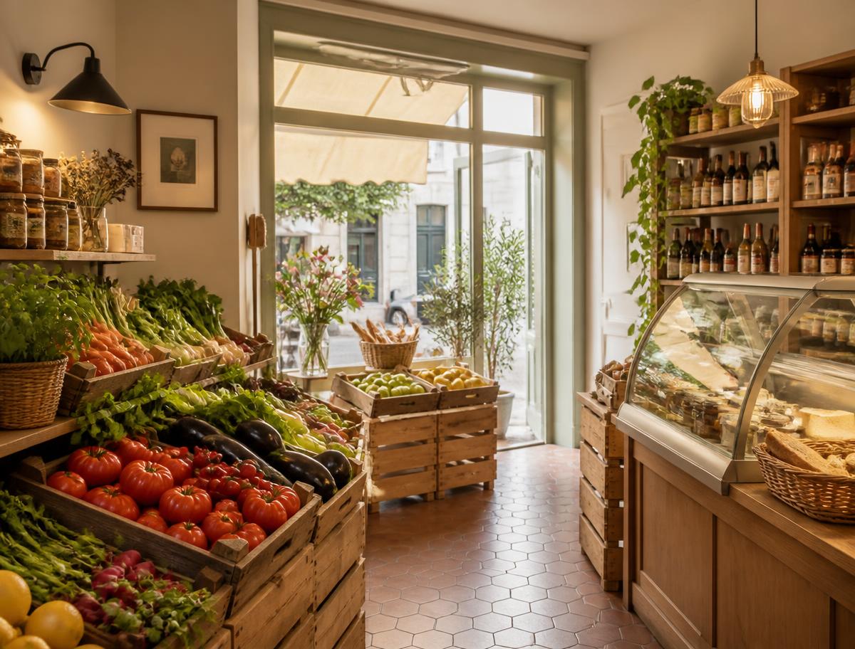 Intérieur de la boutique avec cagettes de légumes